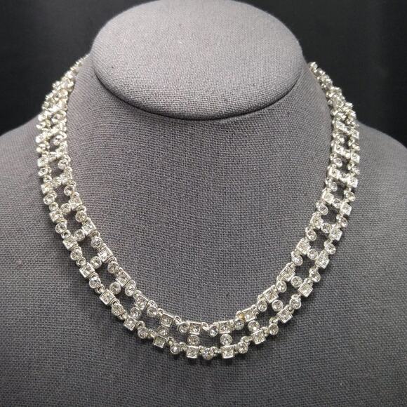 Art Deco Style Choker Necklace, Clear Rhinestones, 18 Inches, Hook Clasp - Picture 1 of 7